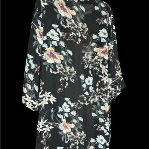Tahari Black Floral Kimono Robe